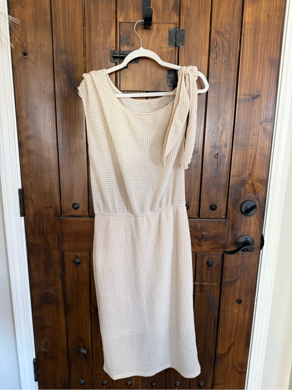 Sleeveless Cream Textured Midi Dress/swim cover up with Tie Shoulder